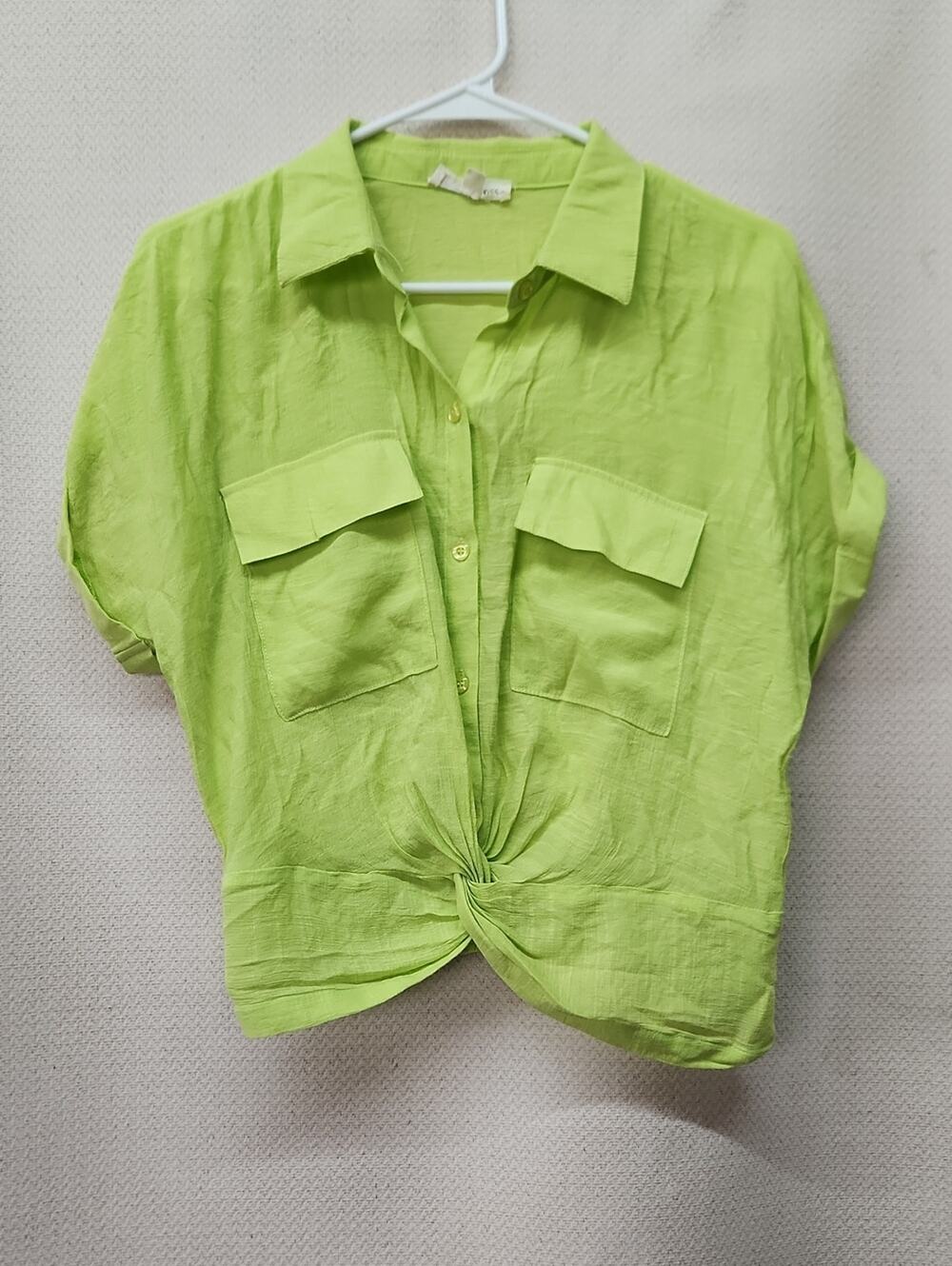Twist-Hem Button Down Shirt in Lime Green